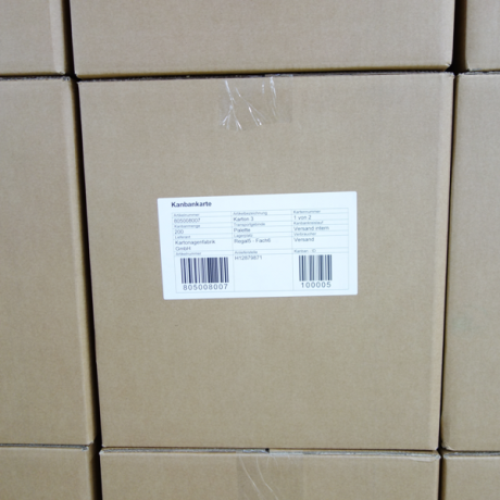 Fertige Kanbanbogenetikett 209x110 B auf Umverpackungen