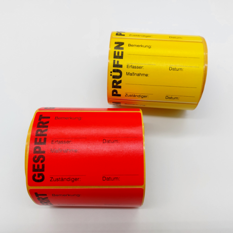 QS-Label 75x105 GW aus Gewebeband in rot und gelb mit Aufdruck